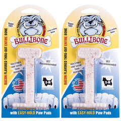 Bullibone nylon dog chew bone with bacon flavor supports small dogs' dental hygiene.