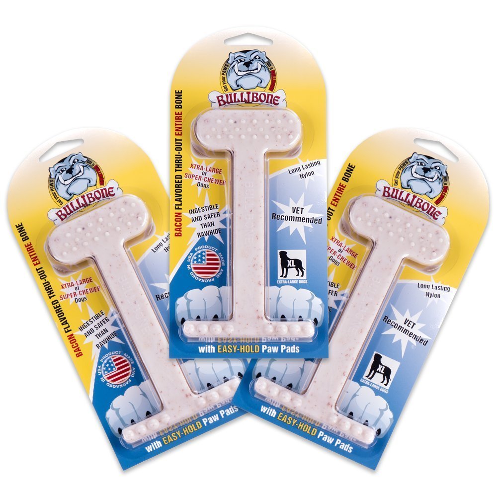Bullibone nylon bacon-flavored chew bone for aggressive chewers.