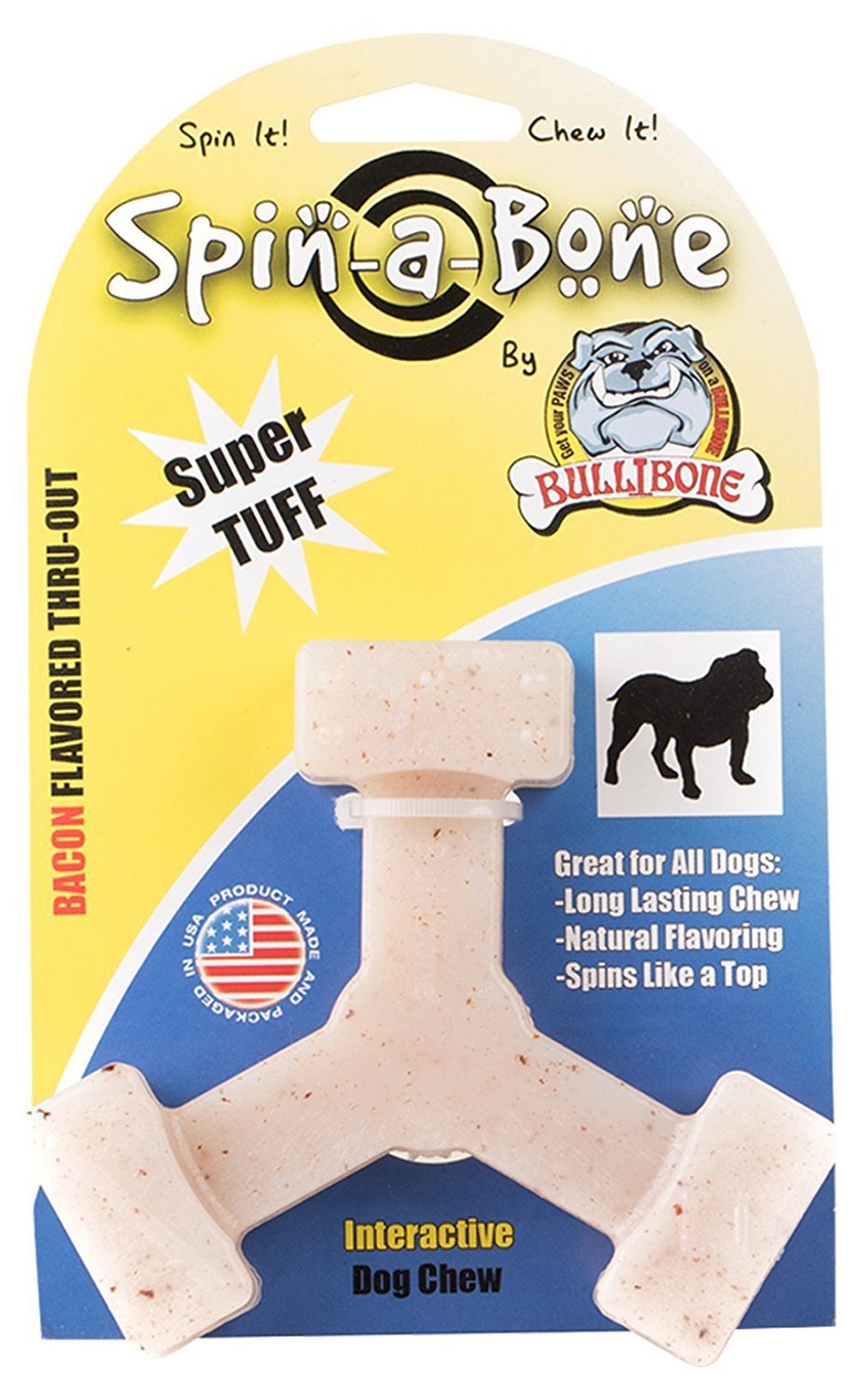 Bullibone Spin-a-Bone rotating design keeps small dogs engaged during chewing.