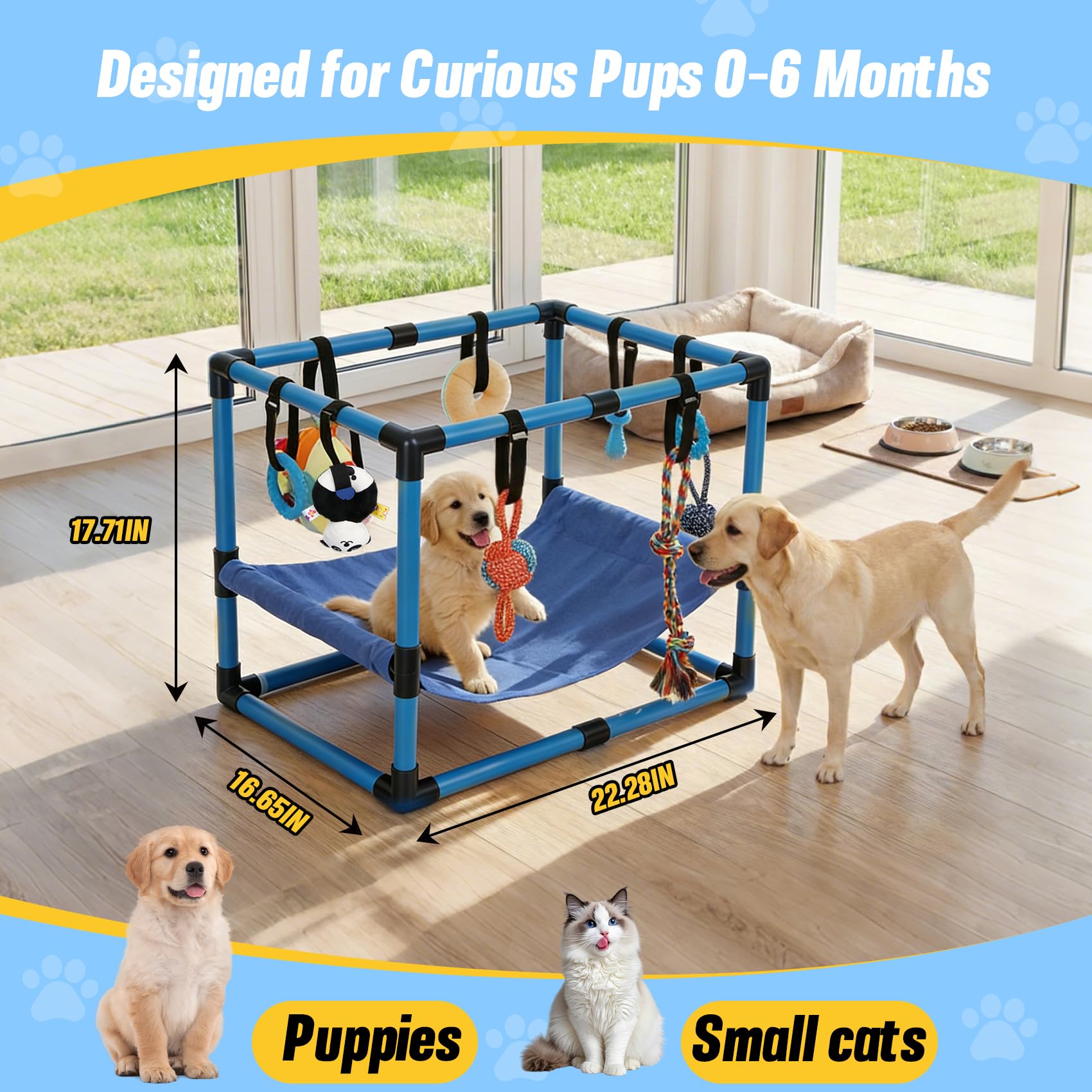 Bullro Blue Puppy Play Gym with 8 toys for enrichment.