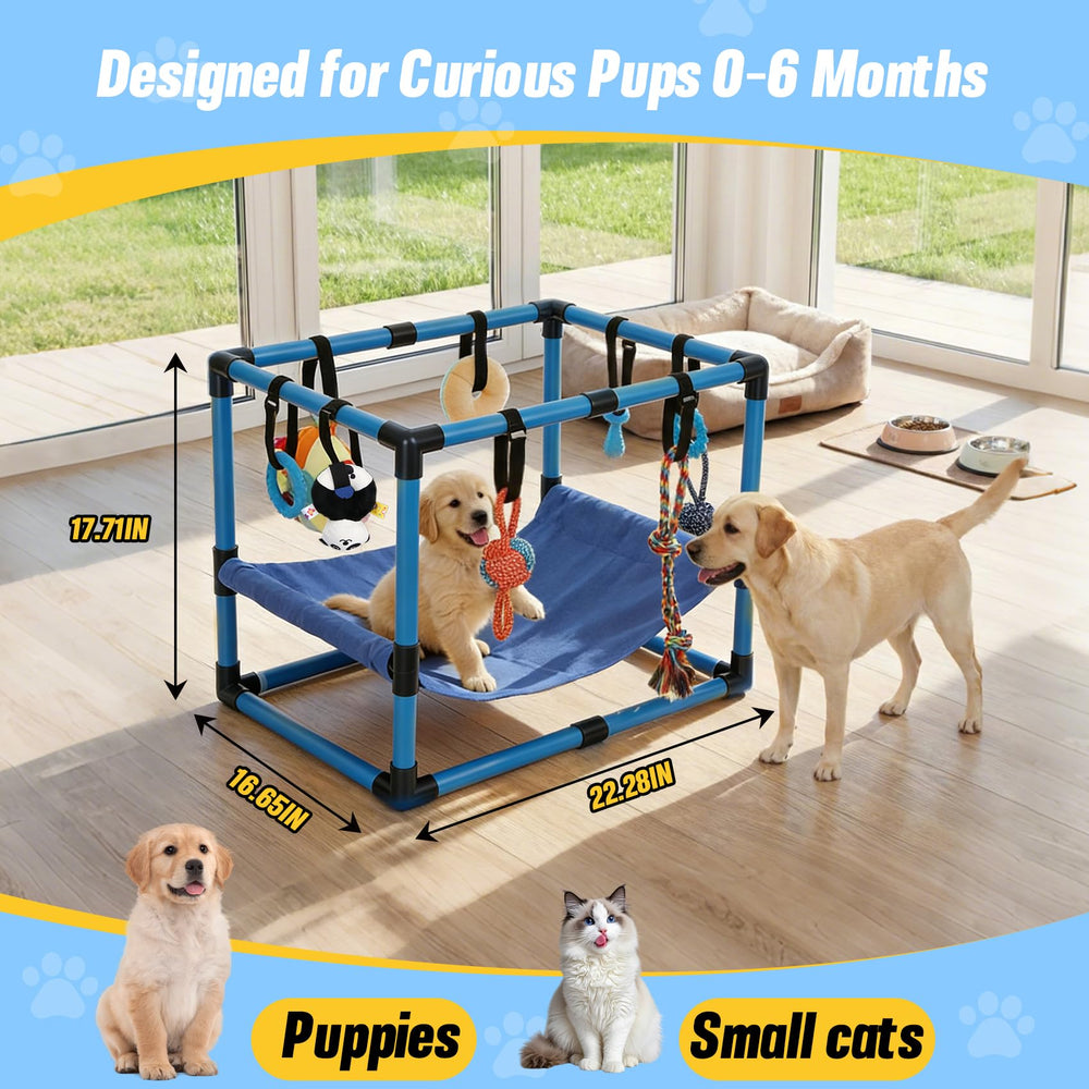 Bullro Blue Puppy Play Gym with 8 toys for enrichment.