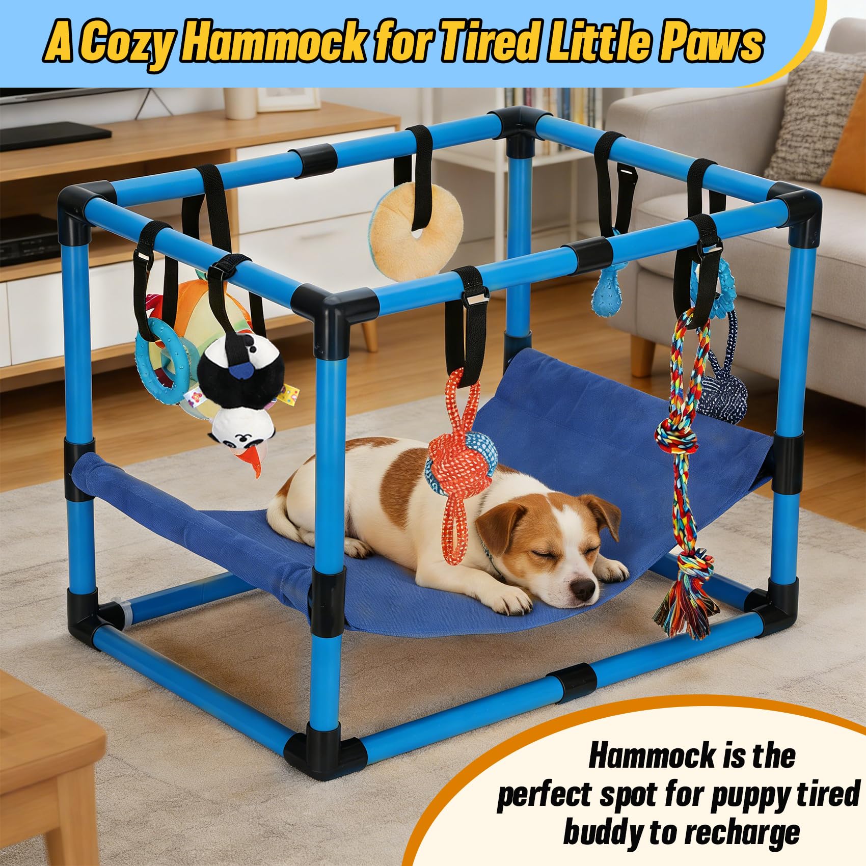 Bullro Blue Puppy Play Gym hammock offers a cozy rest space.