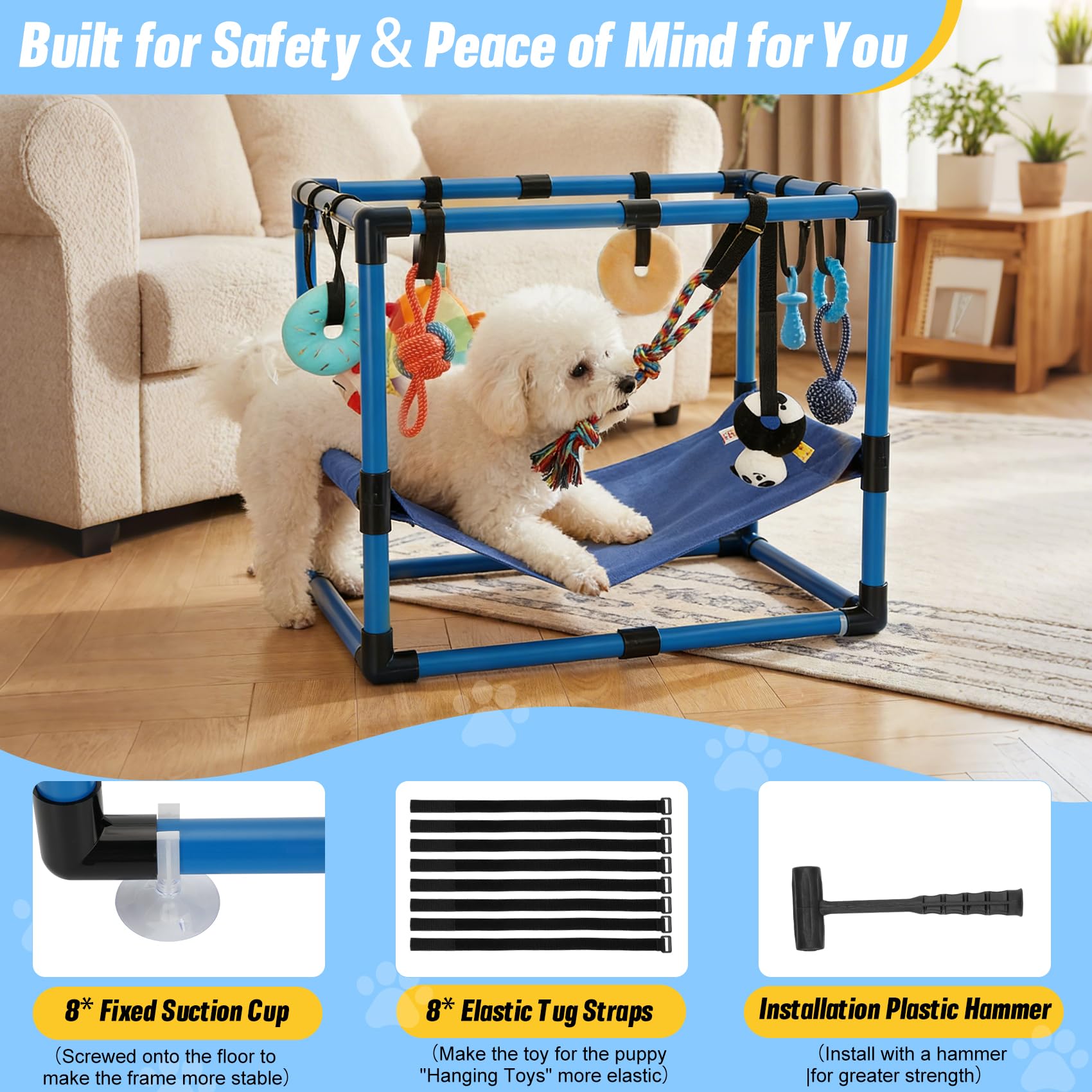 Bullro Blue Puppy Play Gym beside a couch saves space.