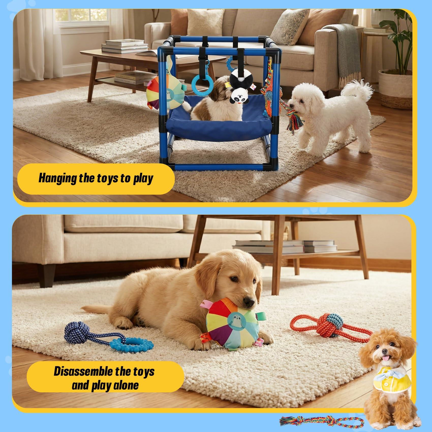 Bullro Blue Puppy Play Gym includes plush, rope, chew, squeak toys.