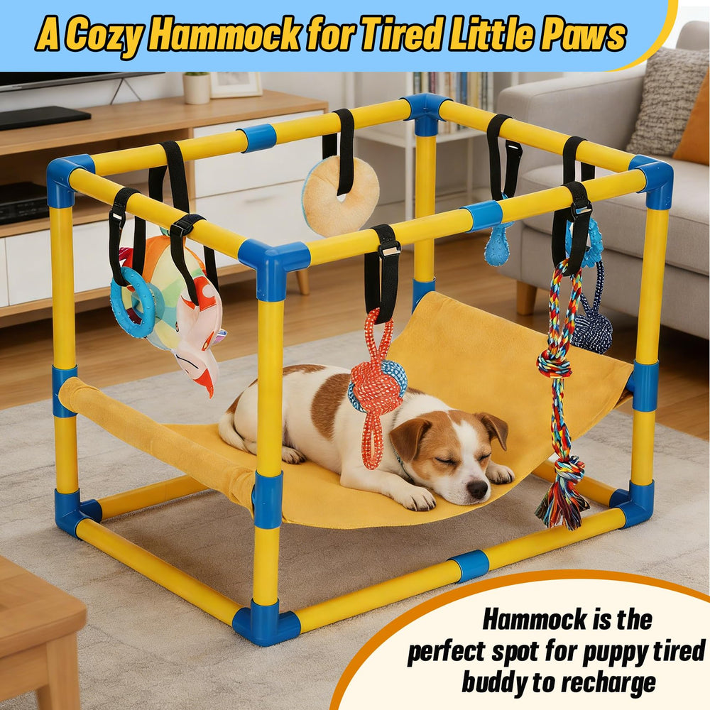 Bullro Puppy Play Gym hammock in a cozy rest spot after play