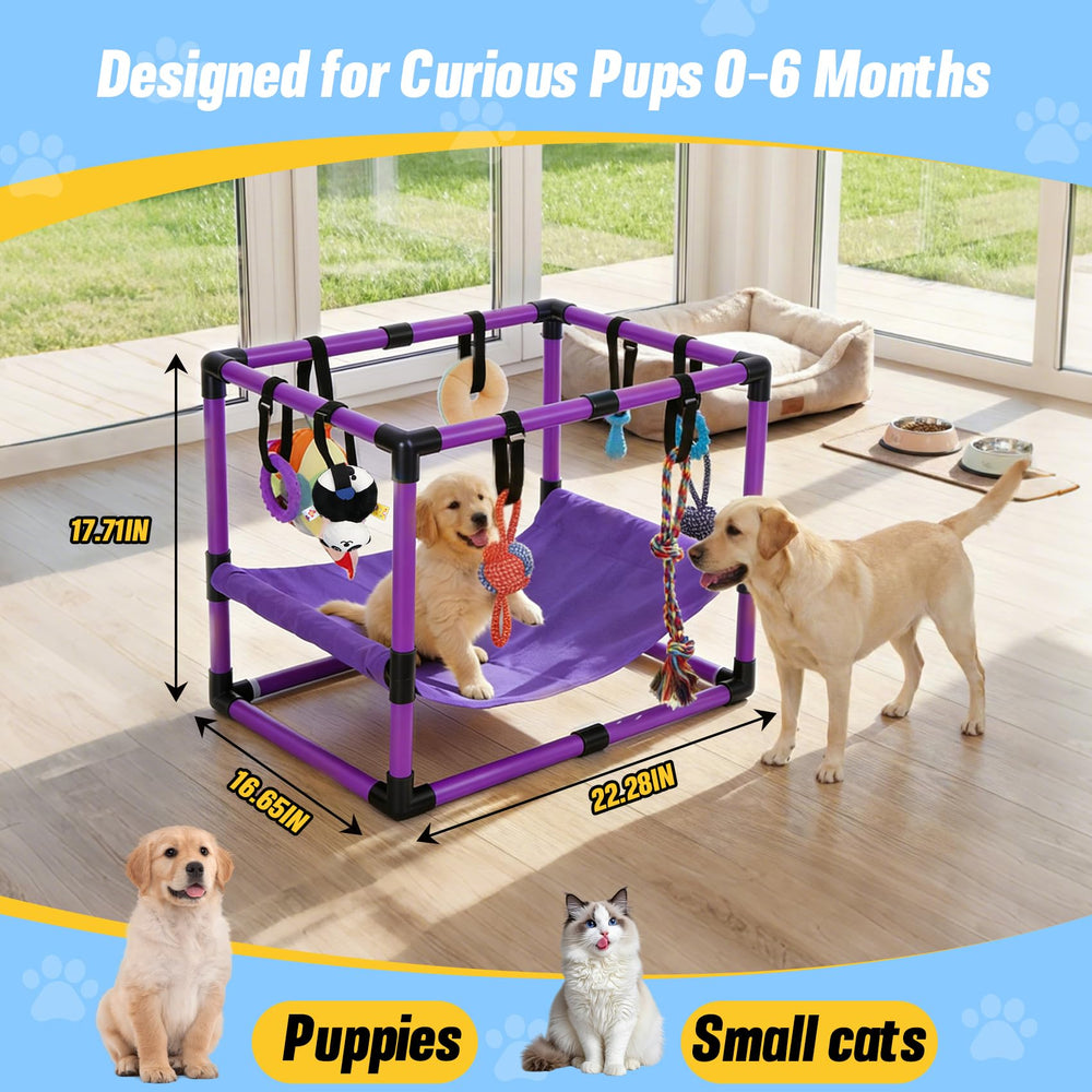 Bullro Purple Puppy Play Gym with 8 toys enhances teething and exploration in one center