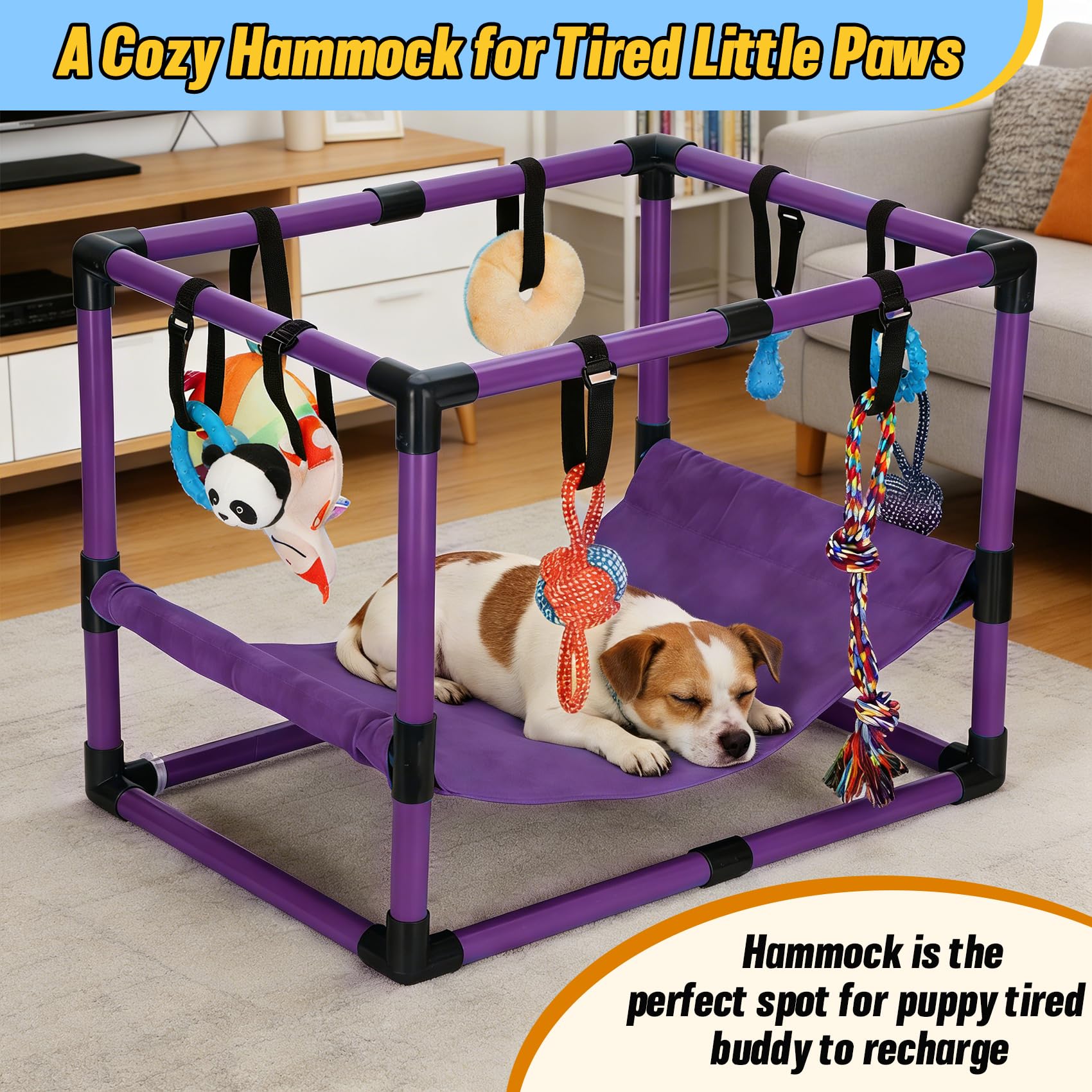 Bullro Purple Puppy Play Gym compact footprint saves space in small rooms