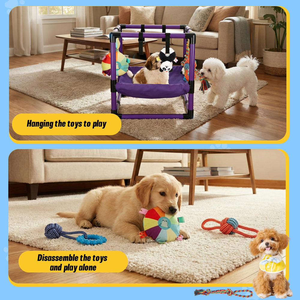 Bullro Purple Puppy Play Gym fits neatly beside a sofa for easy access