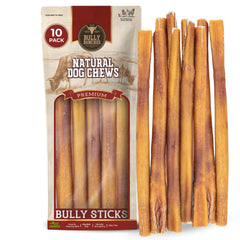 Bully Bunches 12-inch odorless bully stick packaging shows brand and mess-free storage for busy households.