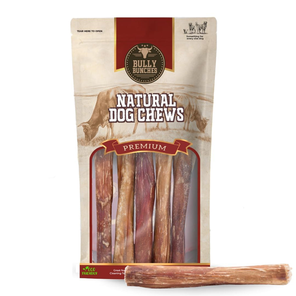 Bully Bunches 6inch collagen-wrapped bully stick closeup shows durable chew.