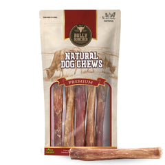 Bully Bunches 6inch collagen-wrapped bully stick closeup shows durable chew.