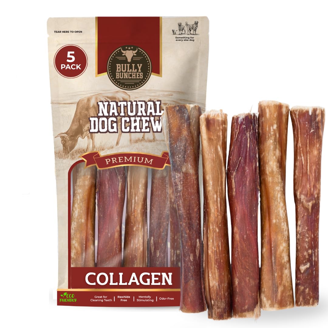 Bully Bunches 6inch collagen-wrapped bully stick pack for long-lasting chewing.