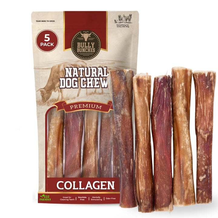 Bully Bunches 6inch collagen-wrapped bully stick pack for long-lasting chewing.
