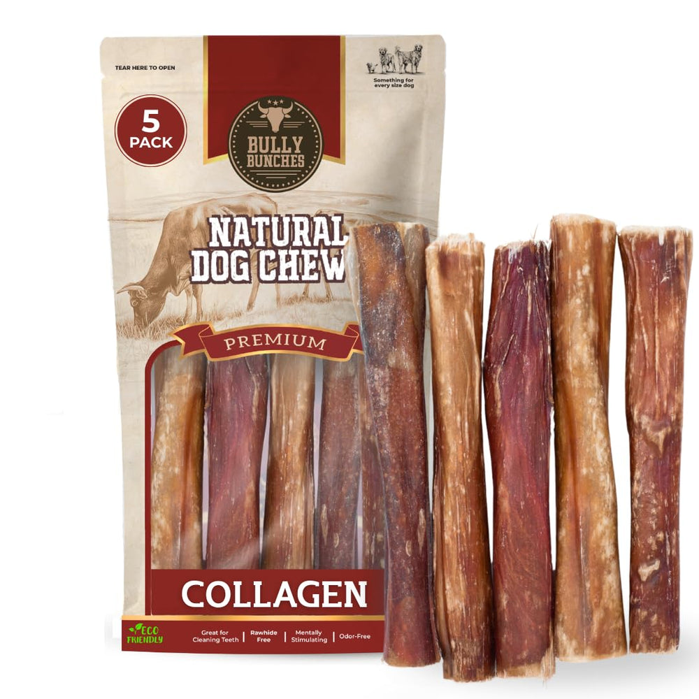 Bully Bunches 6inch collagen-wrapped bully stick pack for long-lasting chewing.