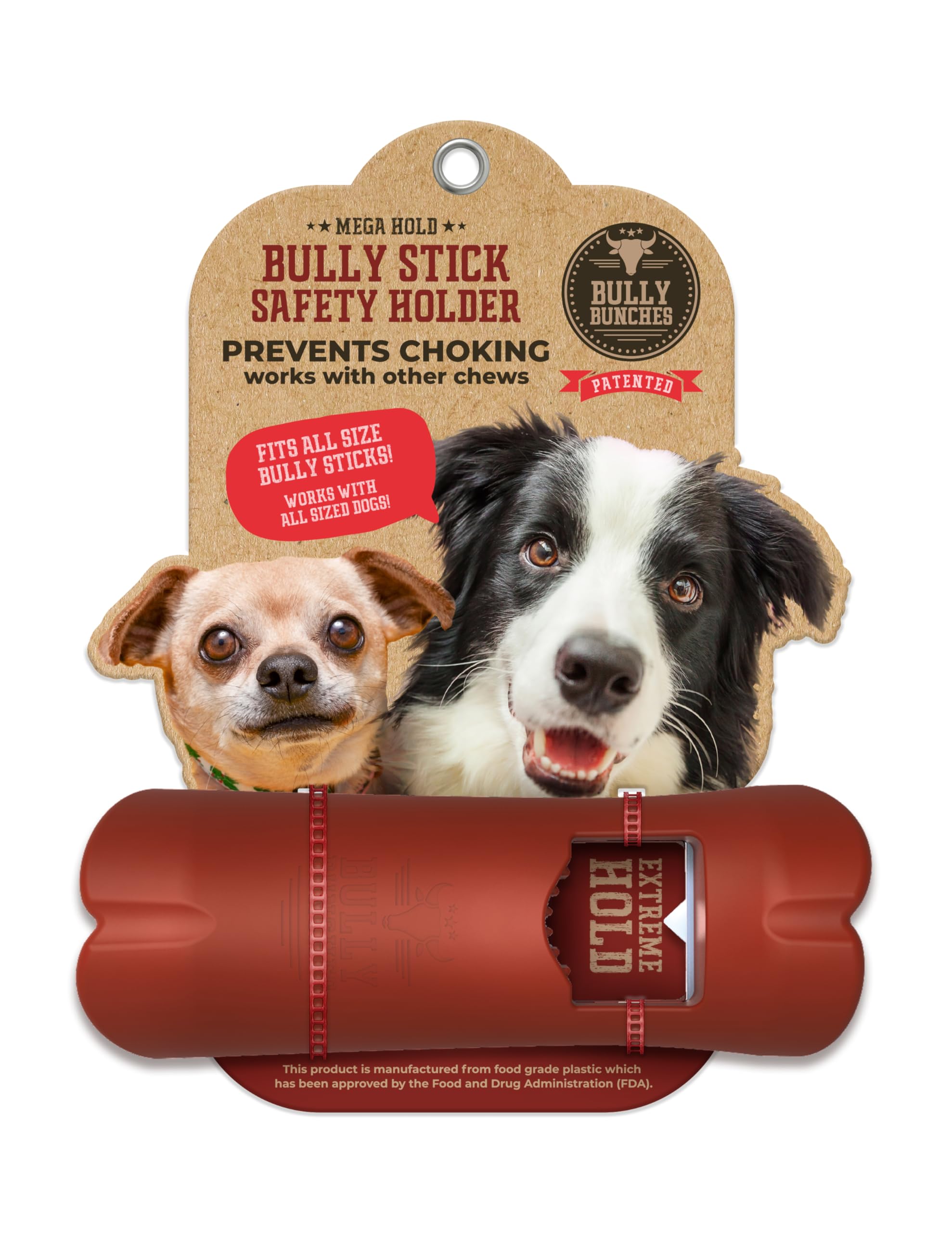 Bully Bunches Mega Hold anti-choking holder close-up showing secure bully stick grip.