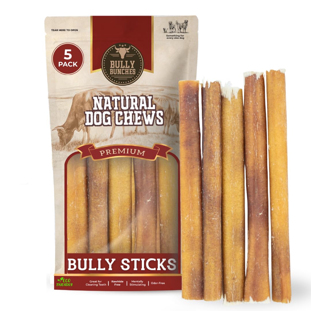 Bully Bunches Premium 6-inch sticks pack front; uniform chews ideal for small dogs.
