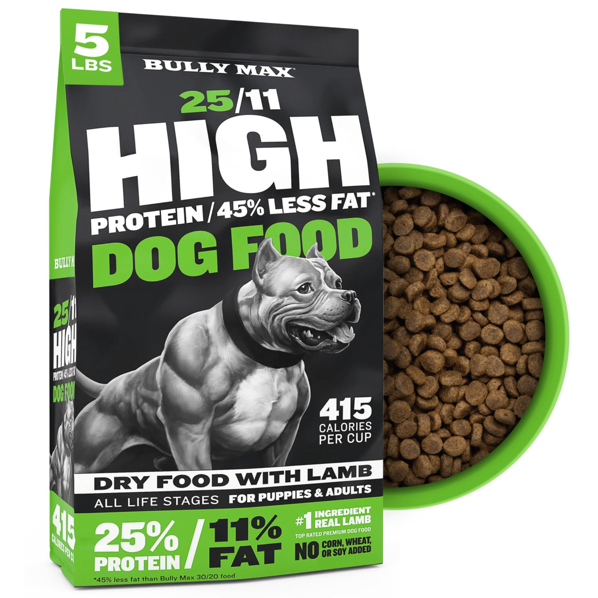 Bully Max 25/11 lamb dog food bag front with high protein formula for active dogs
