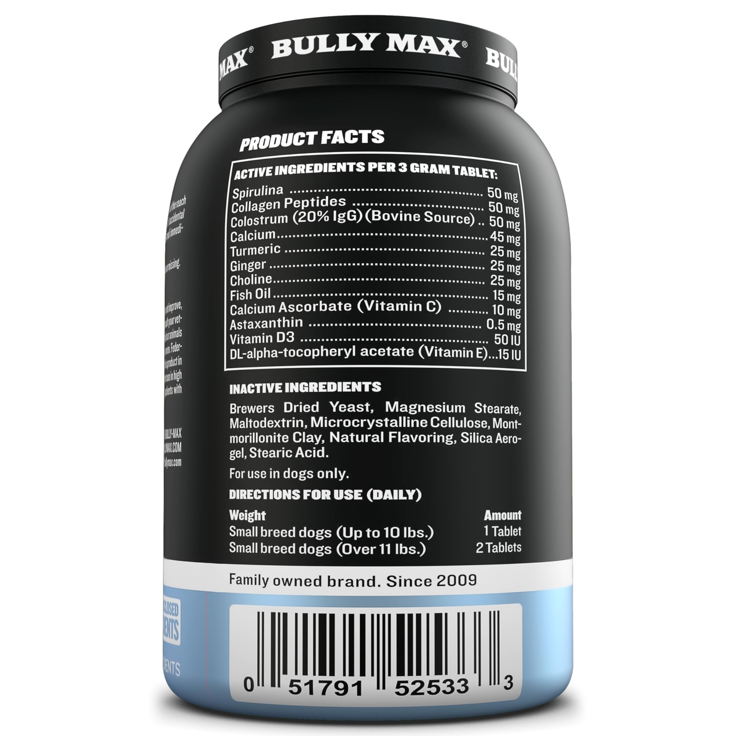 Collagen peptides and spirulina blend in Bully Max for joint and nutrition.