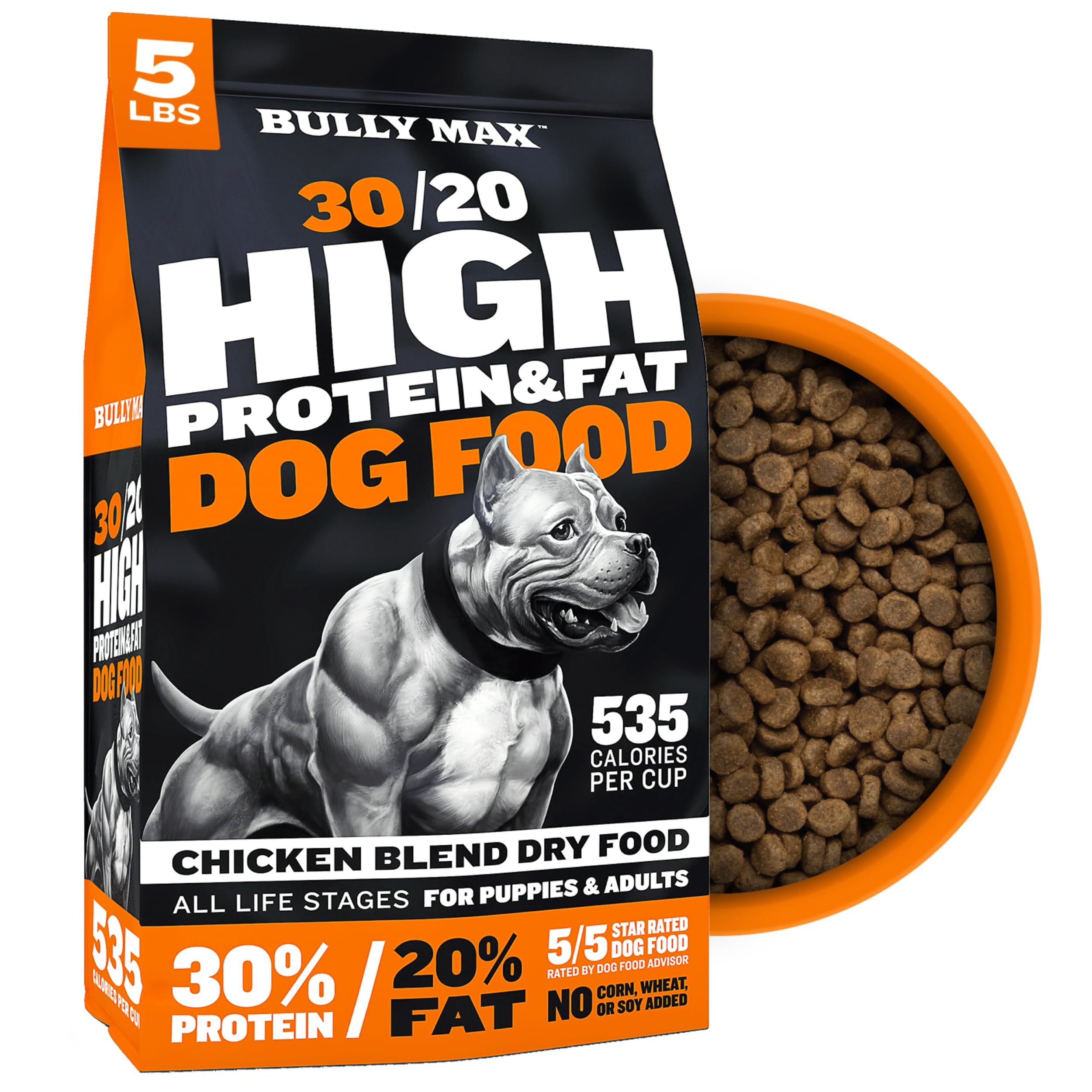 Bully Max Dry Dog Food 5lb bag – chicken flavor for active dogs.