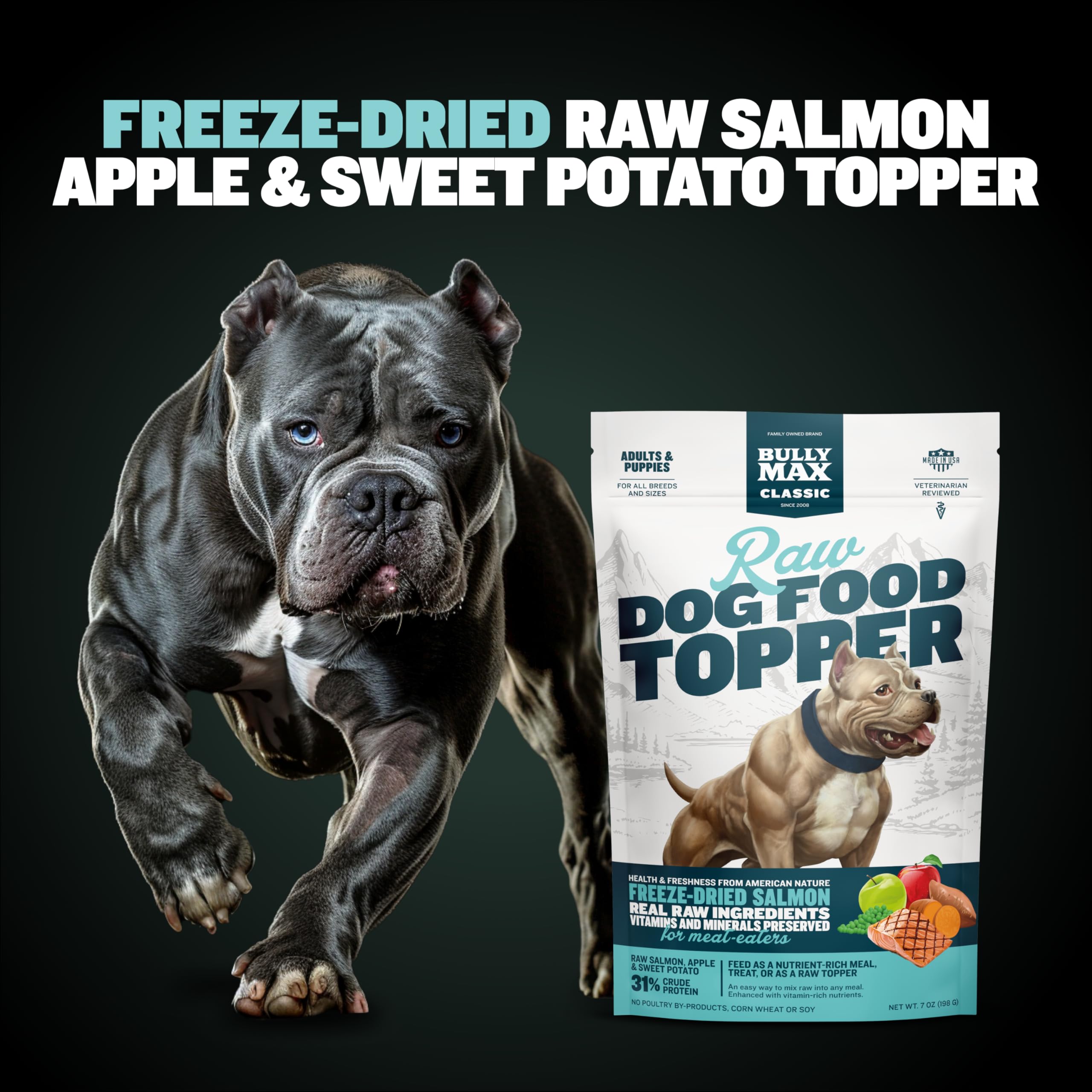 Bully Max salmon topper for adults adds protein and tastiness at meals.