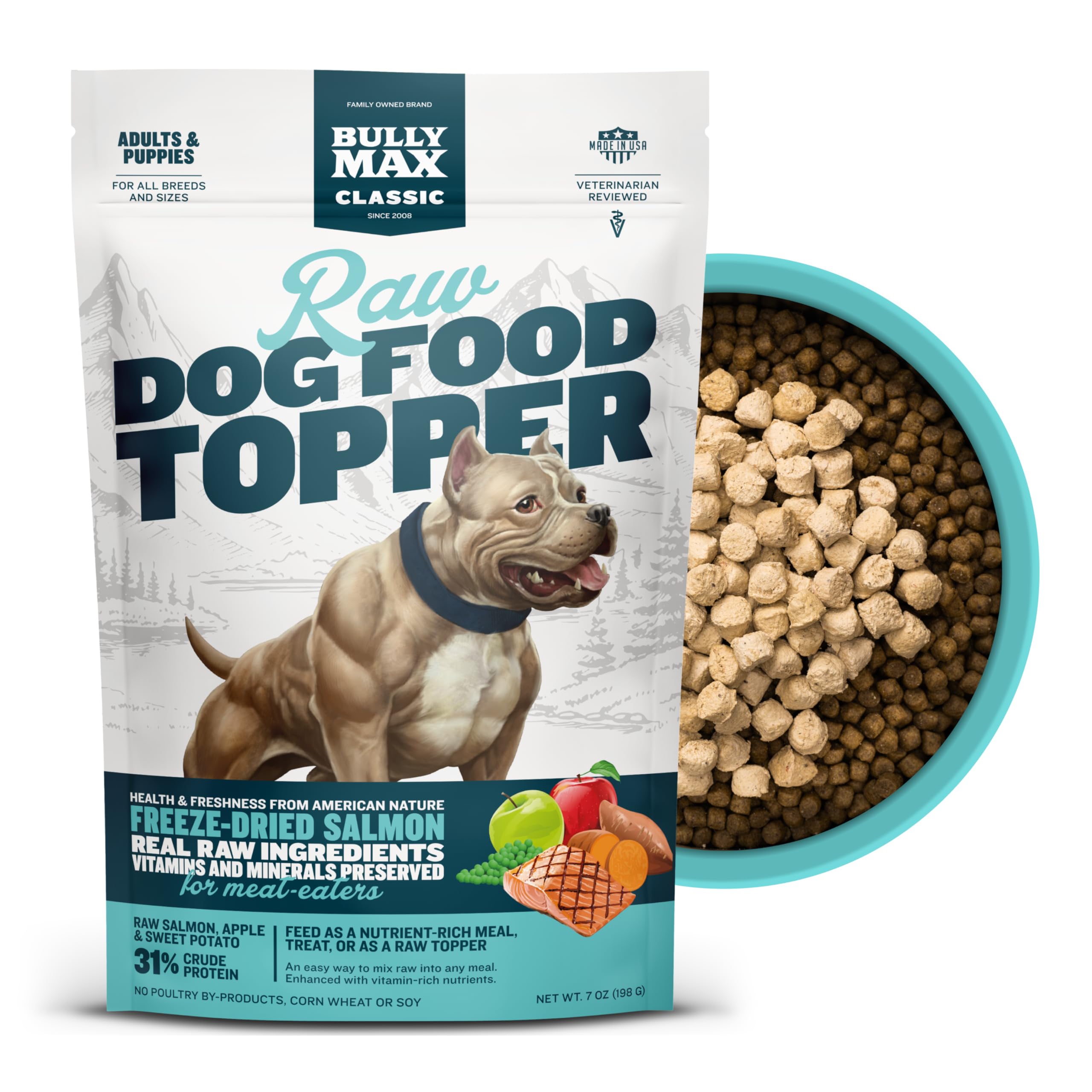 Bully Max salmon topper for puppies enhances meals with high protein flavor.