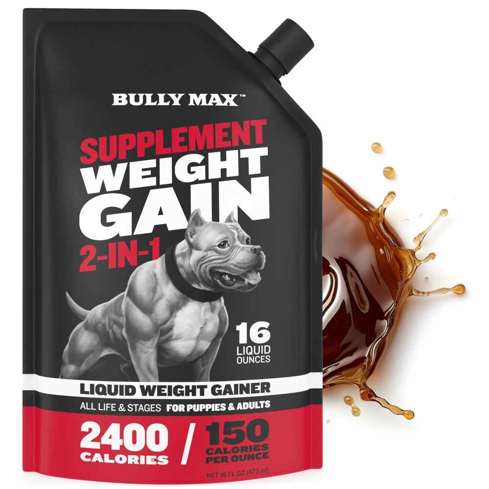 Bully Max Liquid Weight Gainer bottle pour showing high-calorie support for underweight dogs.