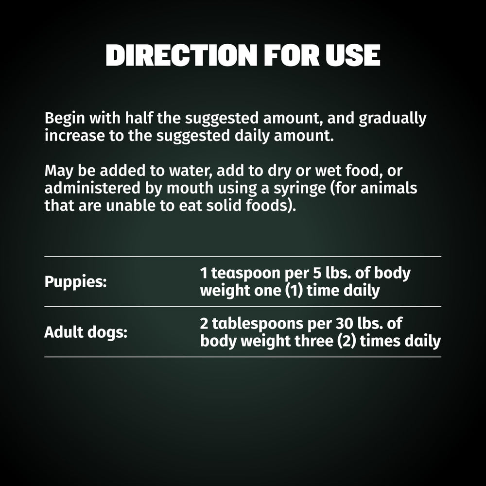 Bully Max Liquid Weight Gainer as a dog food topper adding calories without altering meals.