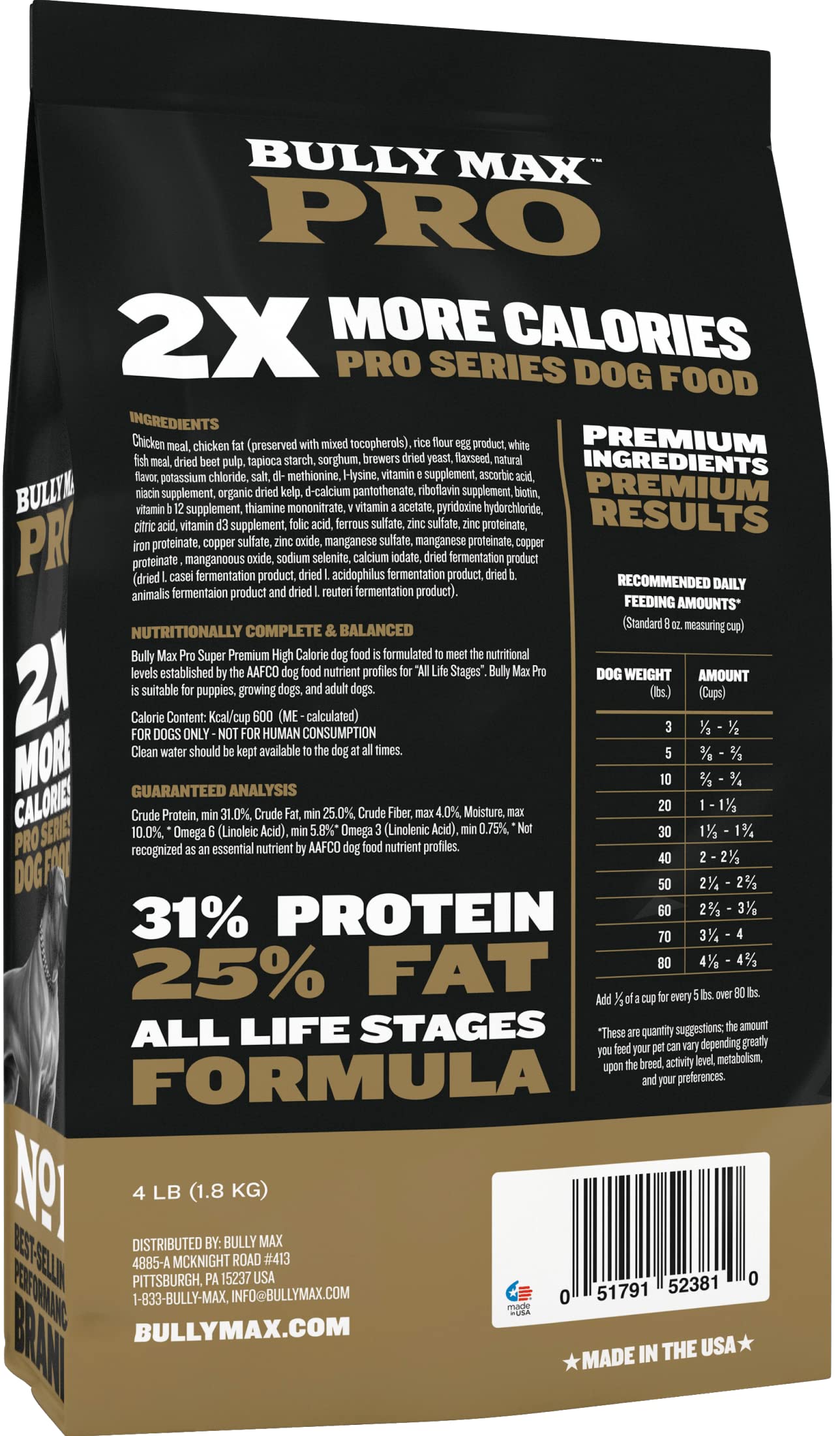 Bully Max Pro 2X 600 calories per cup banner emphasizes dense nutrition.