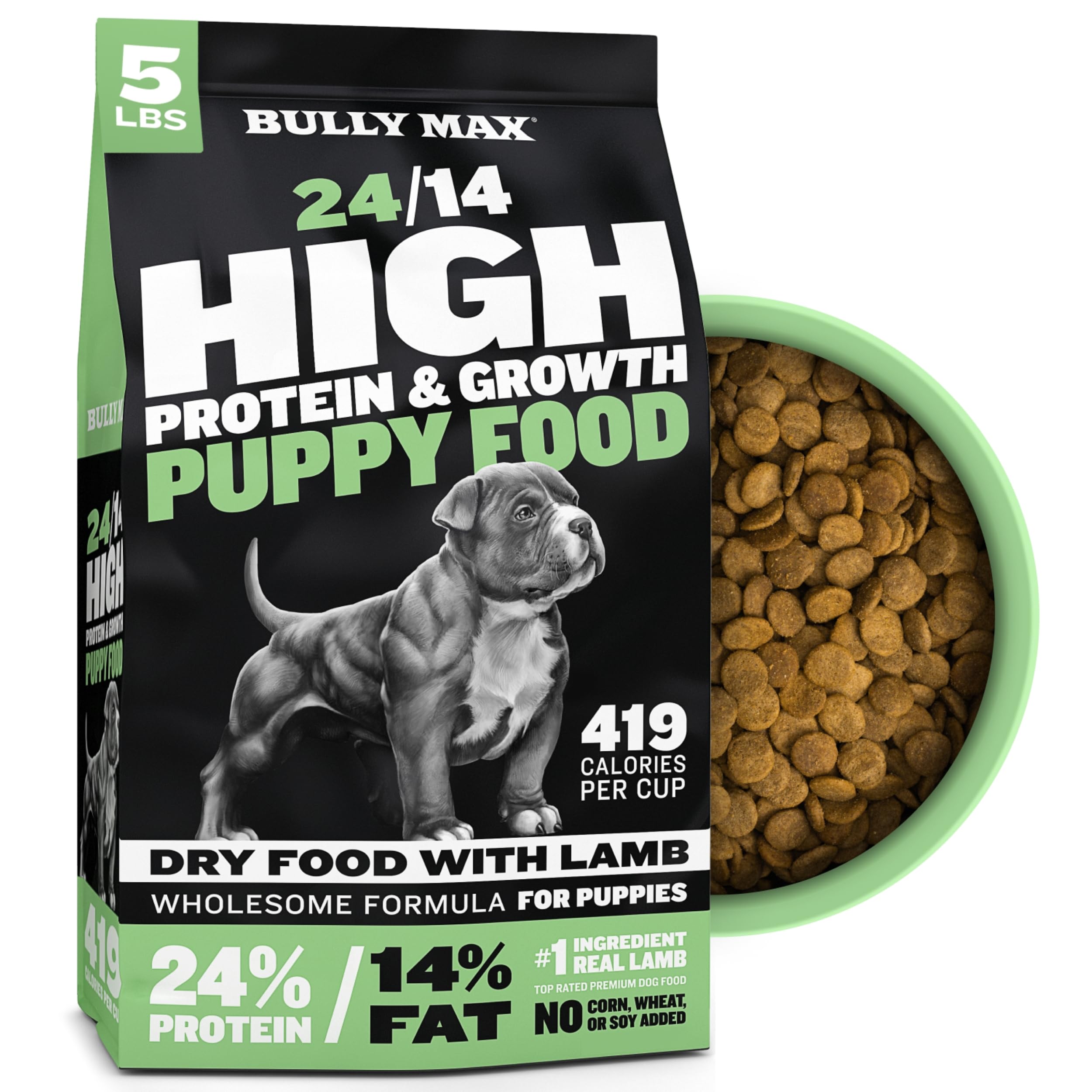 Bully Max Puppy Food kibble close-up highlighting high-protein growth formula.