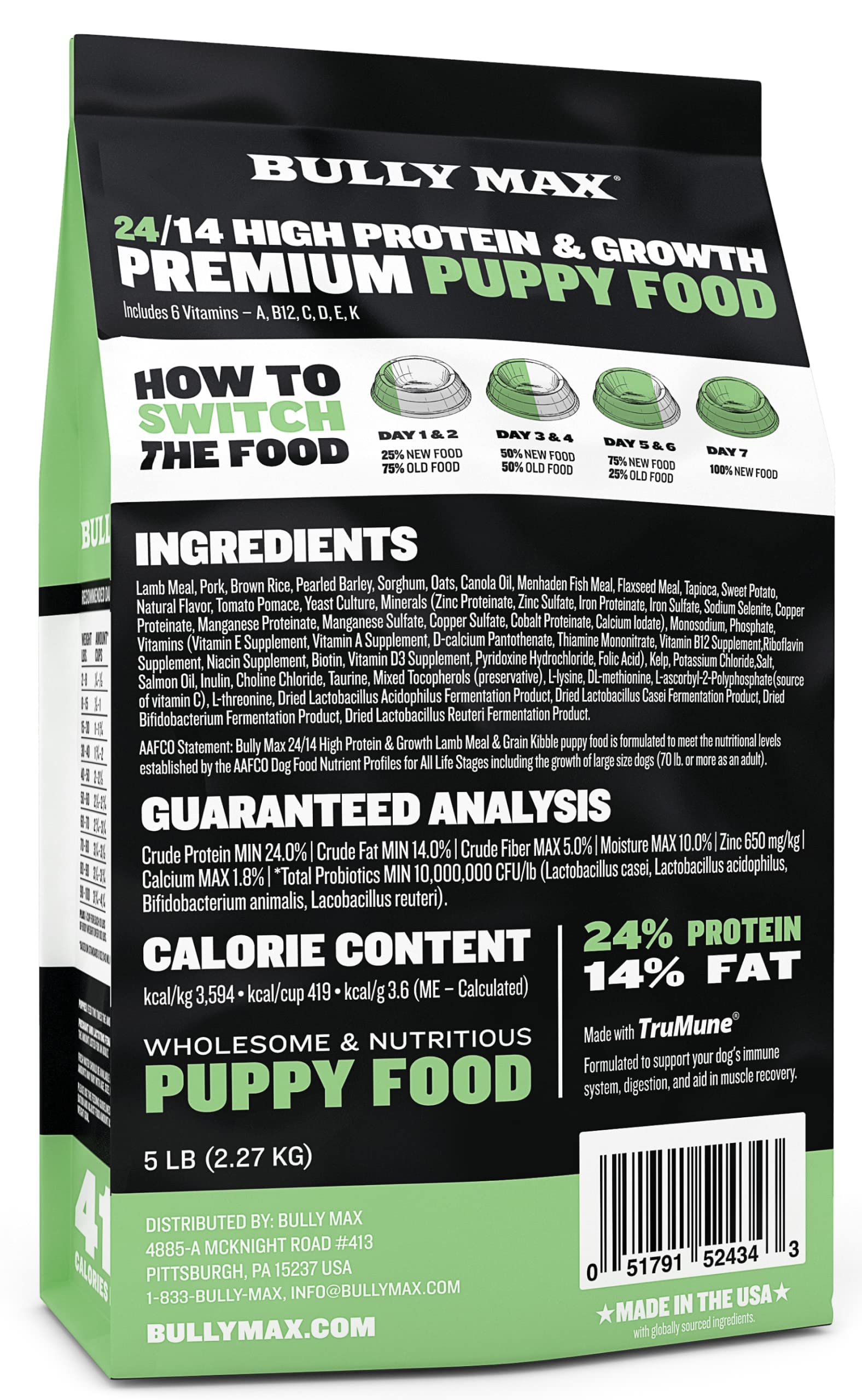 Bully Max Puppy Food 5lb bag packaging on shelf.