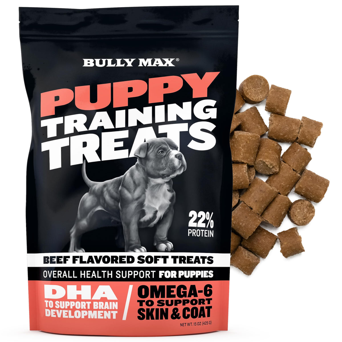 Bully Max Puppy Training Treats packaging display for easy rewards during training.
