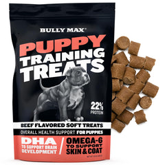 Bully Max Puppy Training Treats packaging display for easy rewards during training.