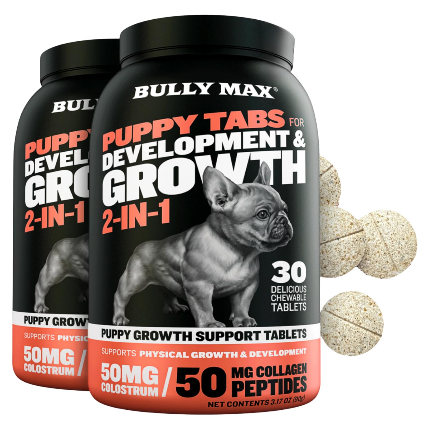 Bully Max Puppy Vitamins bottle closeup showing premium puppy multivitamin packaging for growth