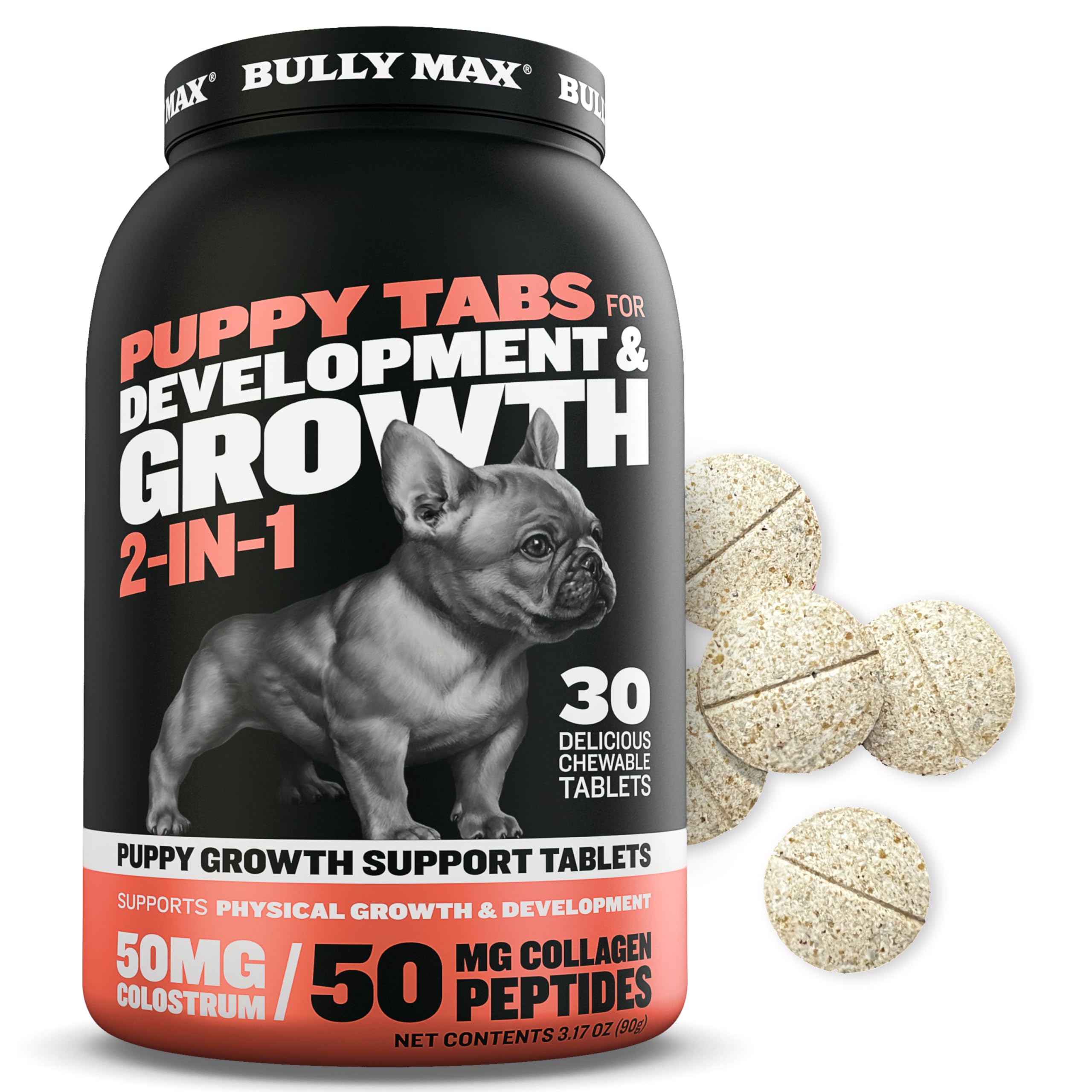 Bully Max Puppy Vitamins bottle with chewable tabs for growth support.