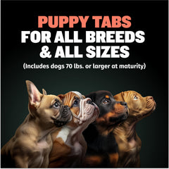 Close-up of Bully Max Puppy Vitamins tablets showing tasty chewables.