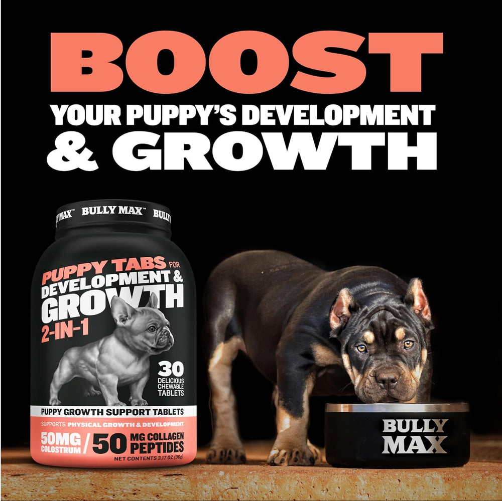 Bully Max Puppy Vitamins two bottles pack illustrating value and portability for growing puppies