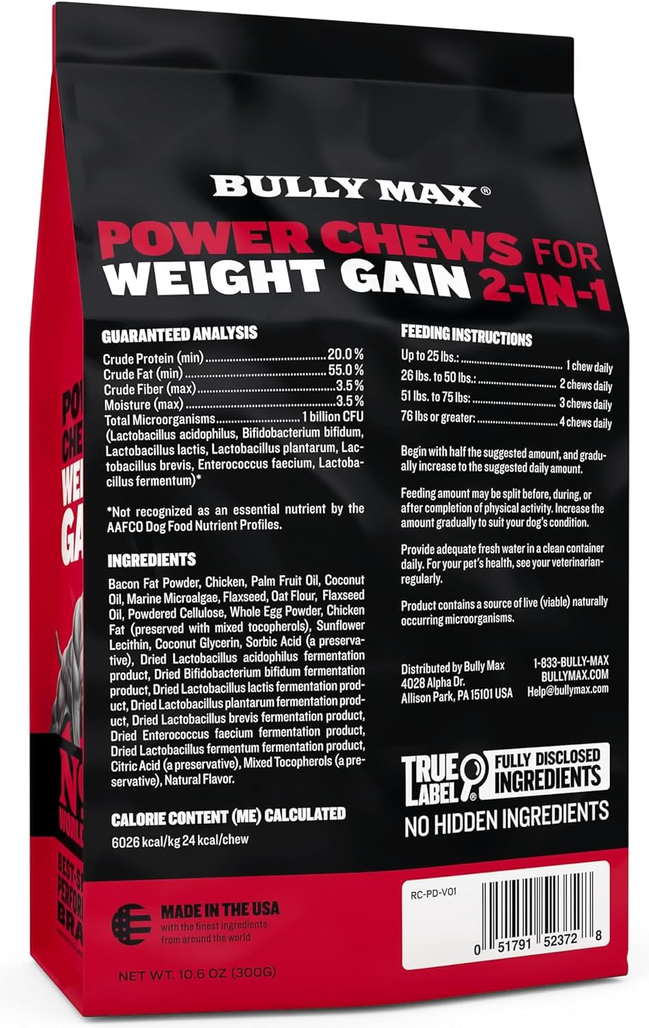 Bully Max Weight Gainer soft chews show bacon flavor and easy-chew texture.