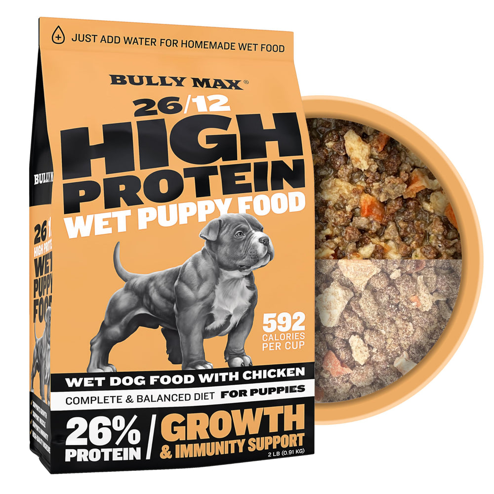 Bully Max Wet Puppy Food packaging shown for quick hydration and feeding.