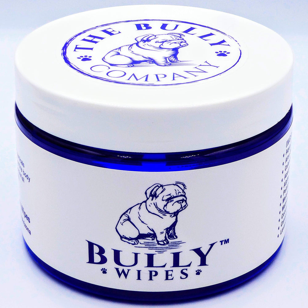 The Bully Company Bully Wipes wrinkle face cleaning for bulldogs, gentle on folds.