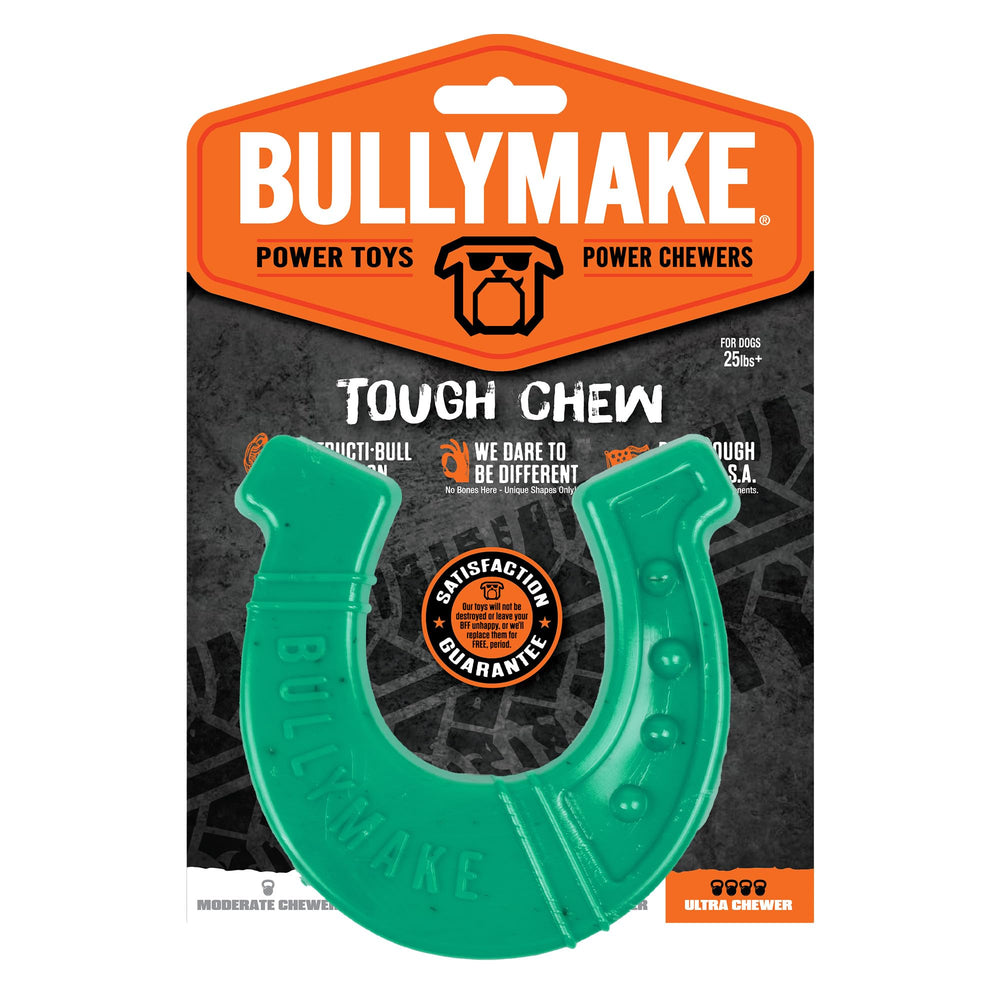 BULLYMAKE Green Tough Chew Horseshoe close-up shows durability for aggressive chewers