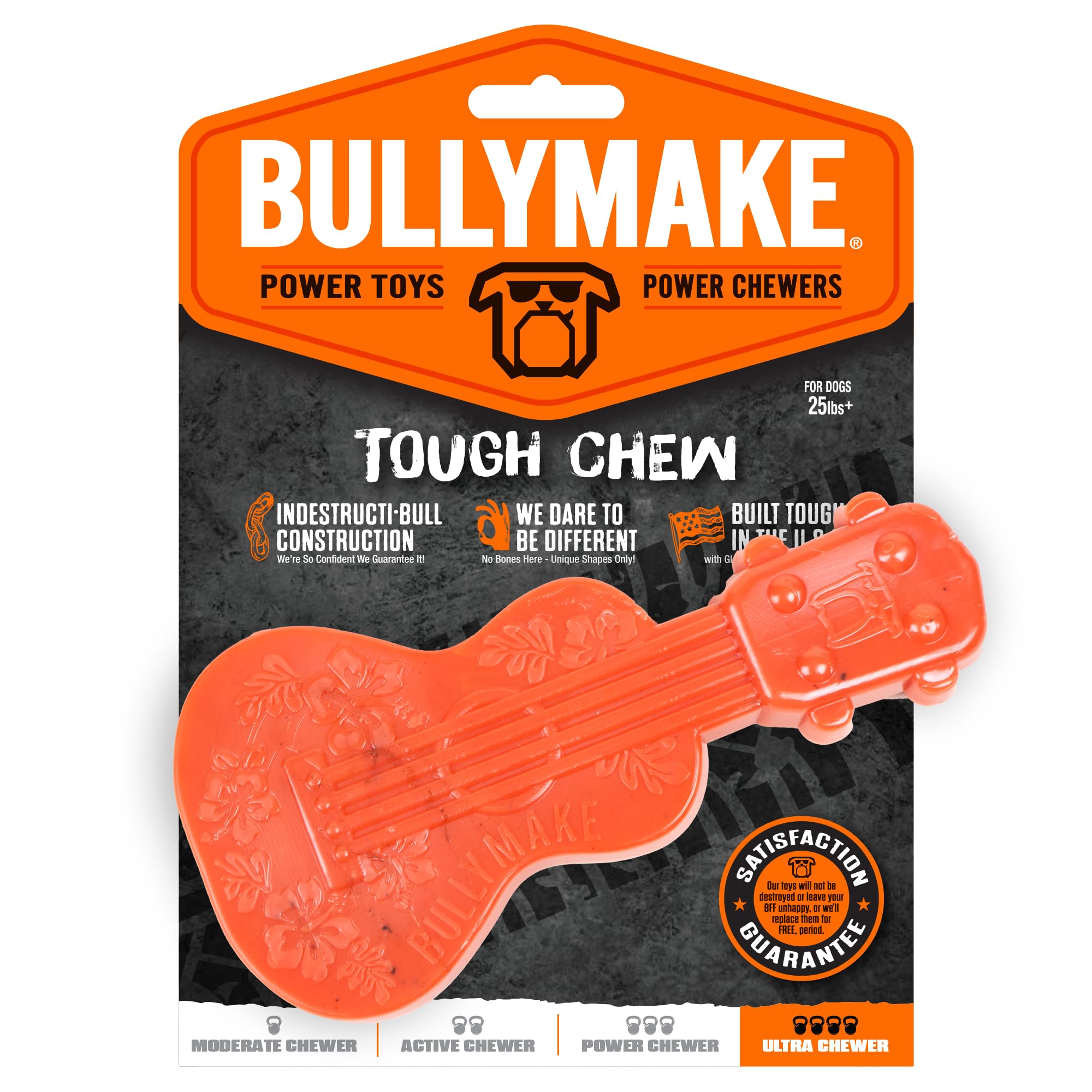BULLYMAKE Toss n' Treat Ukelele Chew Toy close-up, durable for power chewers.