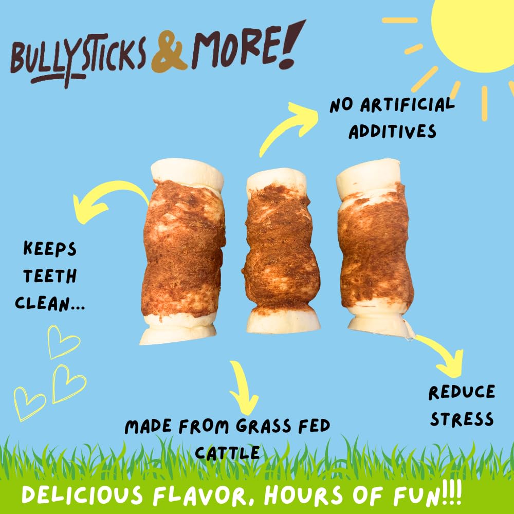 Bullysticks & More 5-6 inch beef cheek roll shown as a long lasting chew