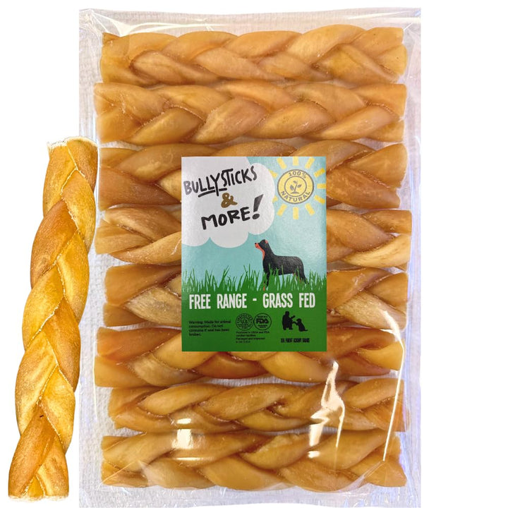 Bullysticks & More 6-inch beef collagen braids pack front view for dogs, long-lasting chew.