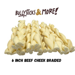 BULLYSTICKS & MORE 12-count beef cheek braids provide protein-rich distraction during chew time.
