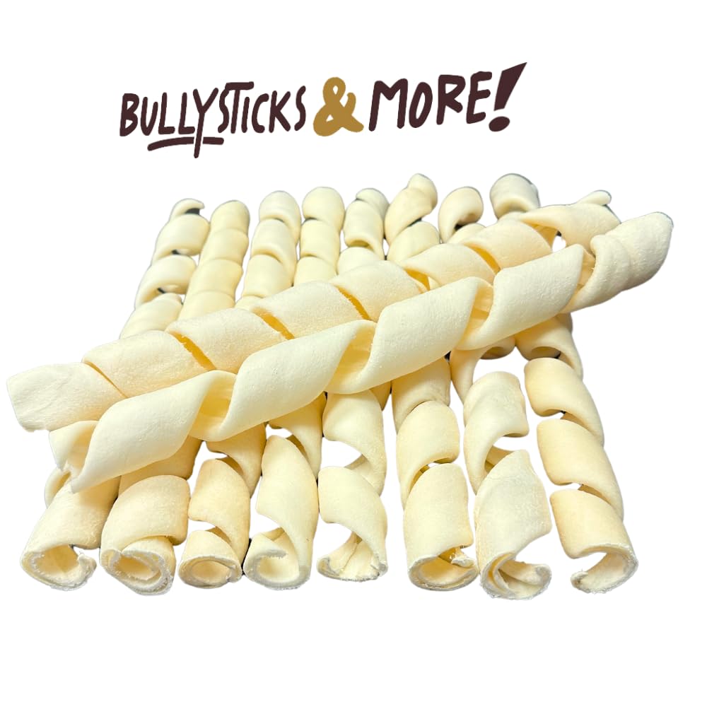 Bullysticks & More beef cheek curly dog chew with dogs enjoying a long-lasting snack.