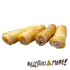 BULLYSTICKS & MORE beef collagen rolls packaging highlights all-natural, high-protein dog chews.