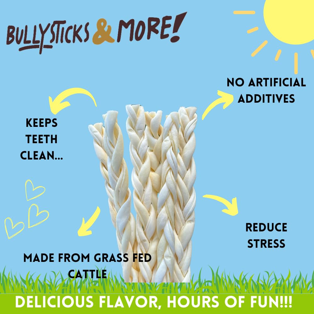 Bullysticks & More pack of 6 beef cheek braids ready for long-lasting chew.