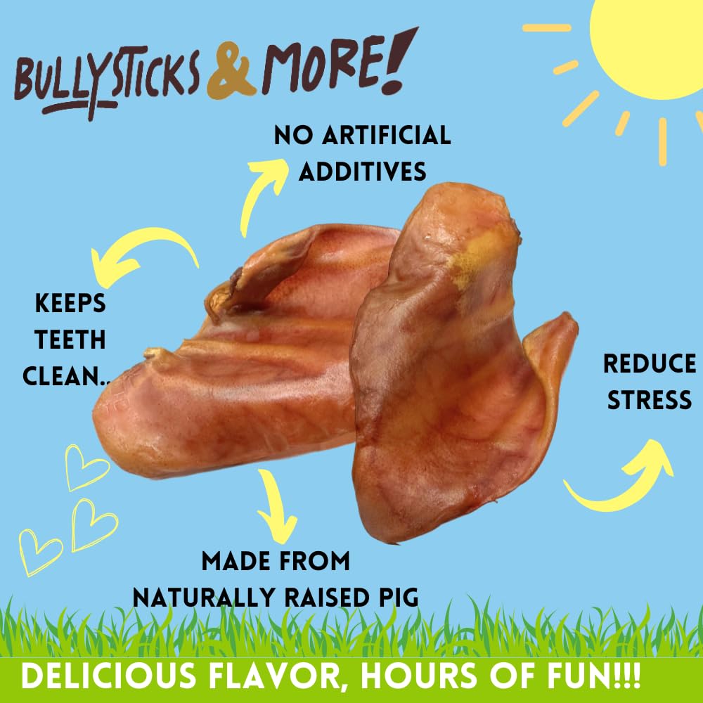 Bullysticks & More pig ears closeup shows natural ears for a lean, single-ingredient chew.