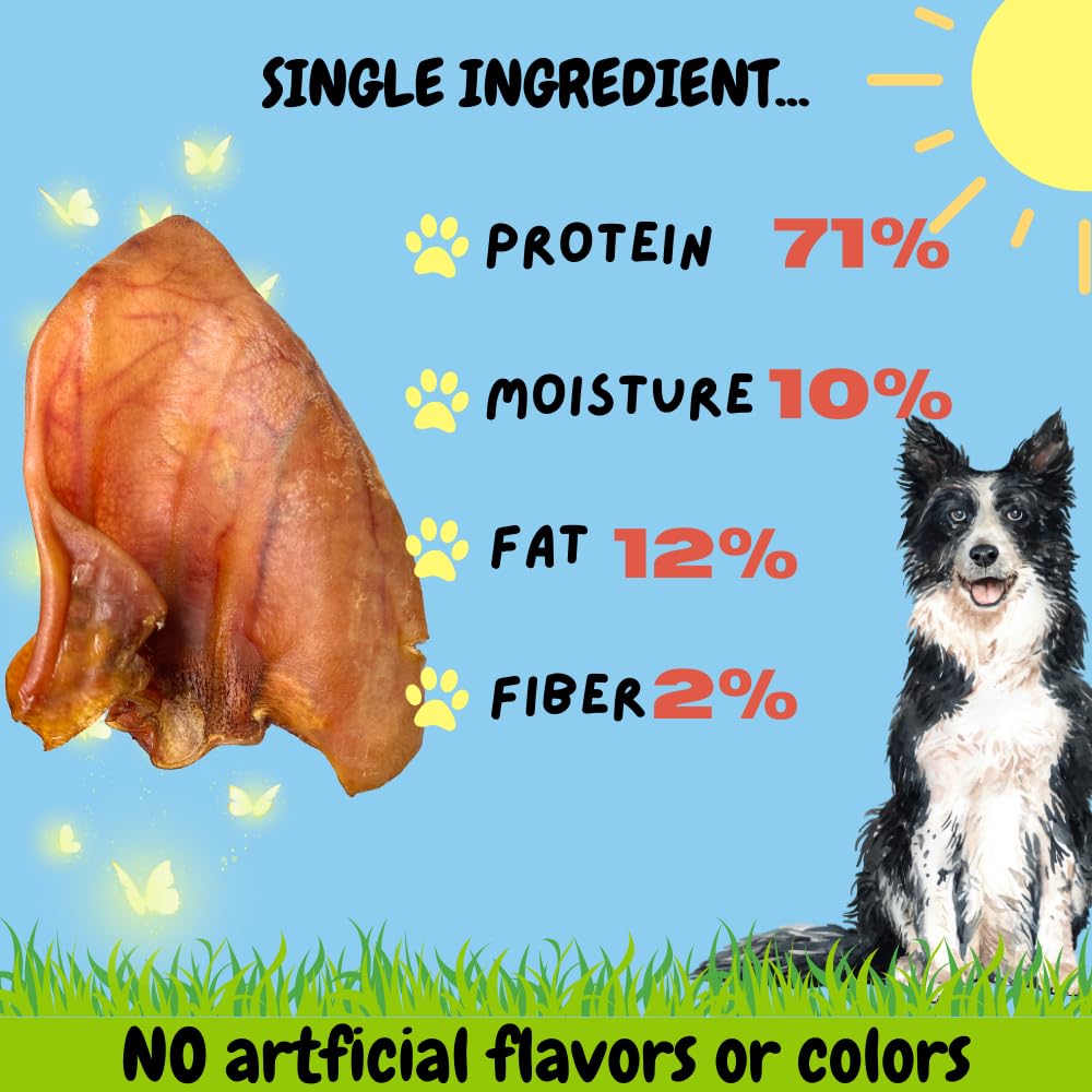 Bullysticks & More pig ears grass fed source signals quality protein for dogs.