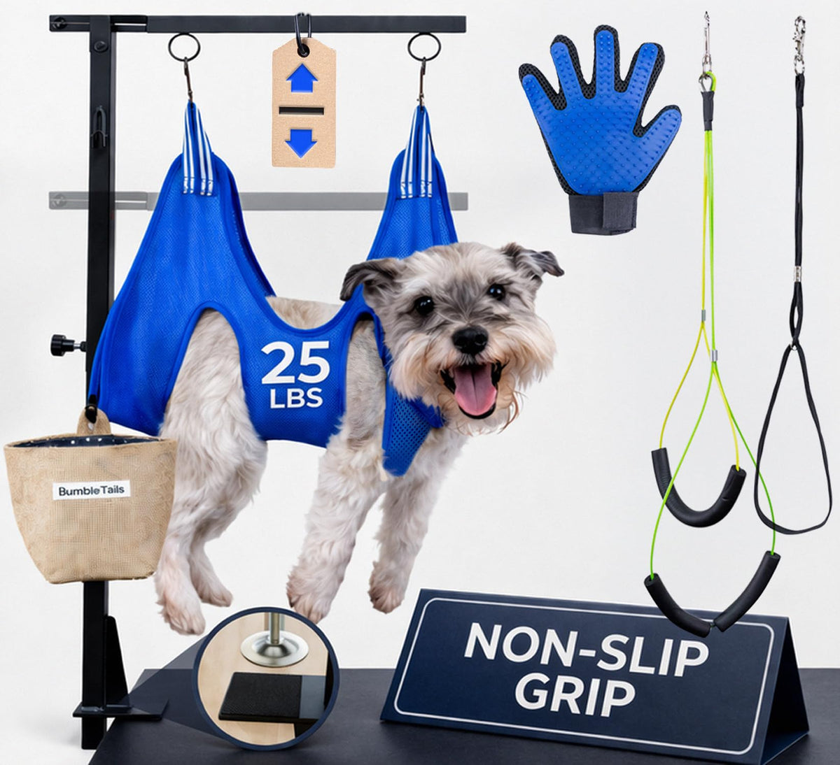 BumbleTails adjustable arm 26-40 inch in use for secure grooming sessions